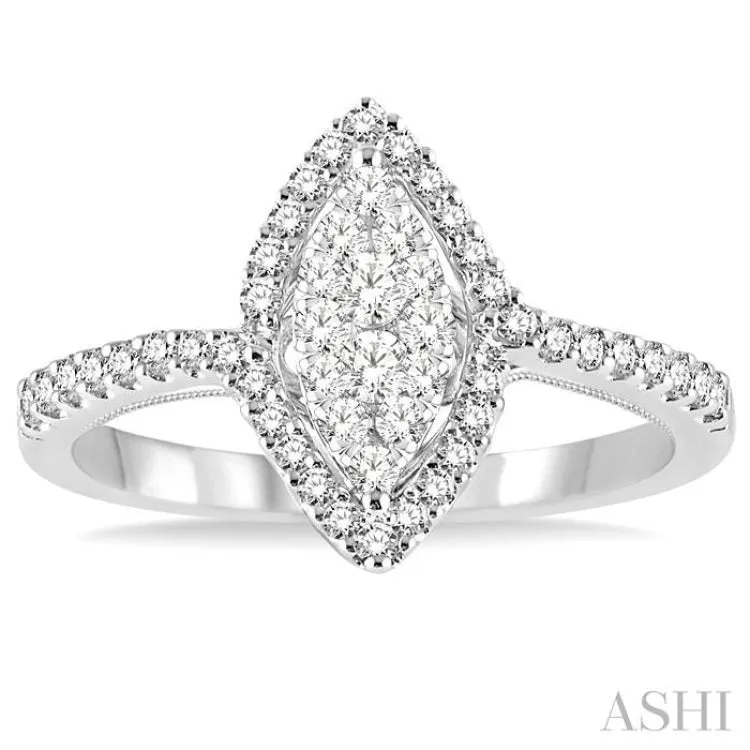 1/2 Ctw Marquise Shape Round Cut Diamond Lovebright Ring in 14K White Gold