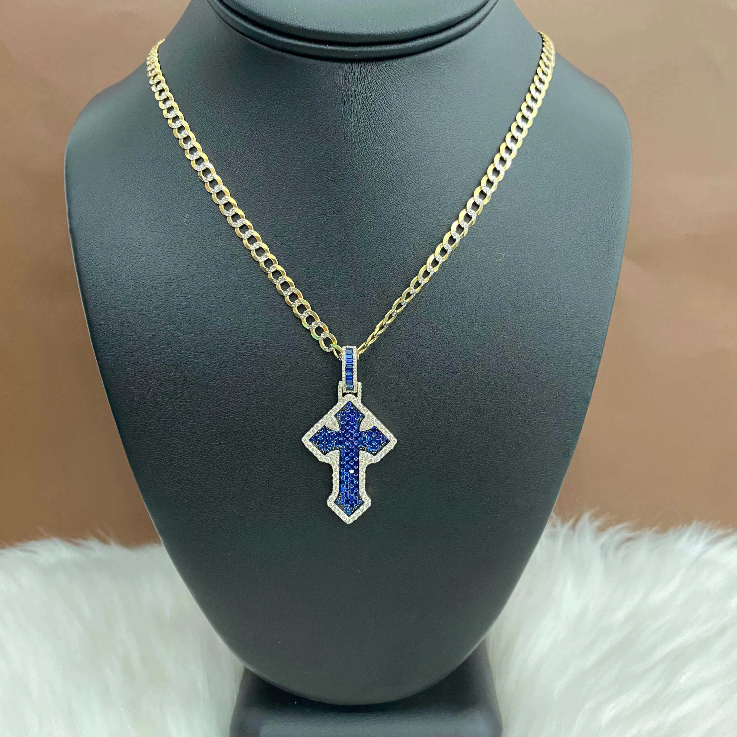 14K Yellow Gold Diamond Blue Cross Pendant Ct Dia / 10.7gr