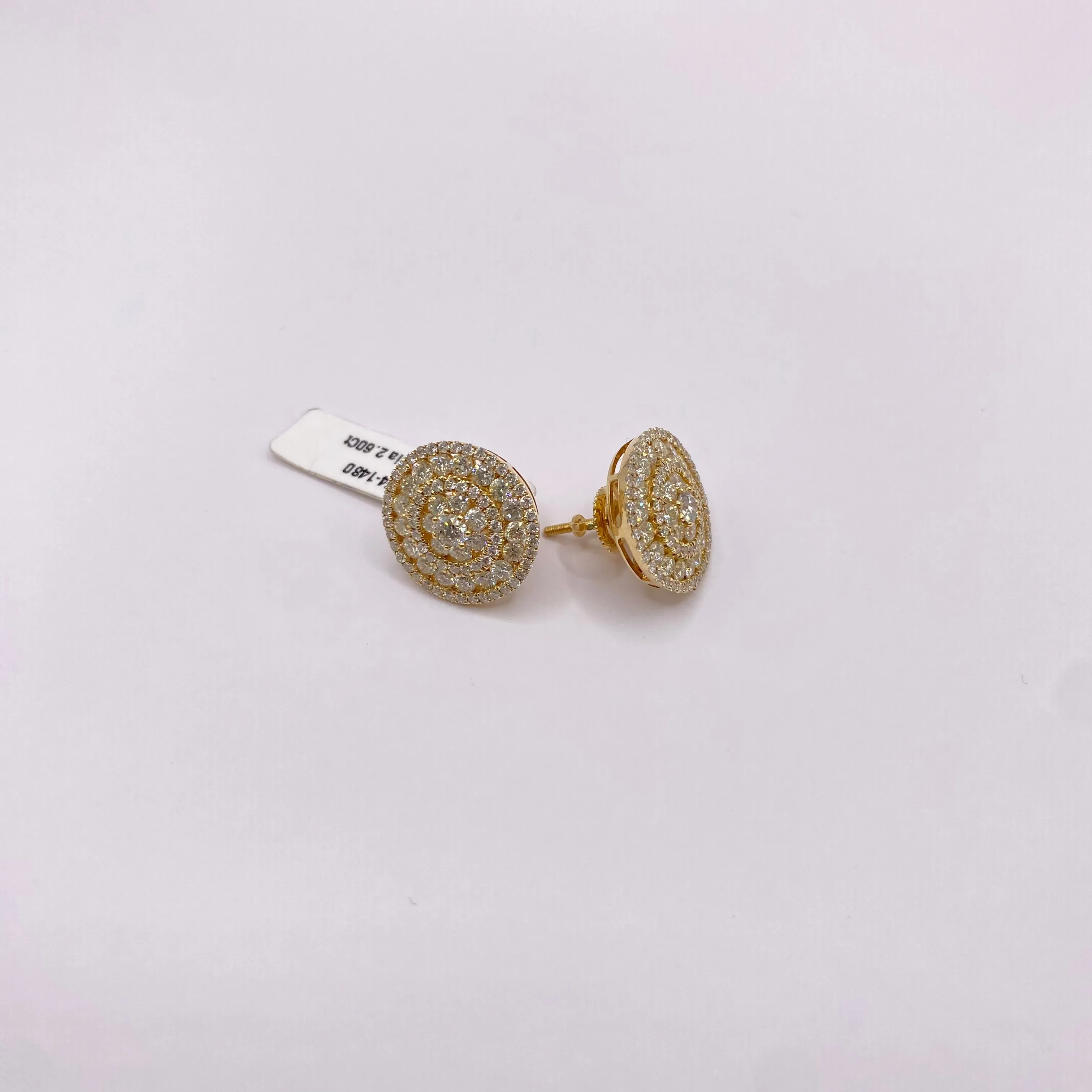 14K Yellow Gold Diamond Circle Flower Stud Earrings 2.60Ct / 5.1gr