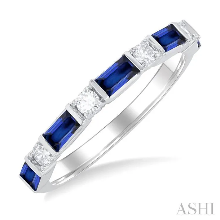 1/5 ctw Art Deco 4X2 MM Baguette Cut Sapphire and Round Cut Diamond Precious Band in 14K White Gold