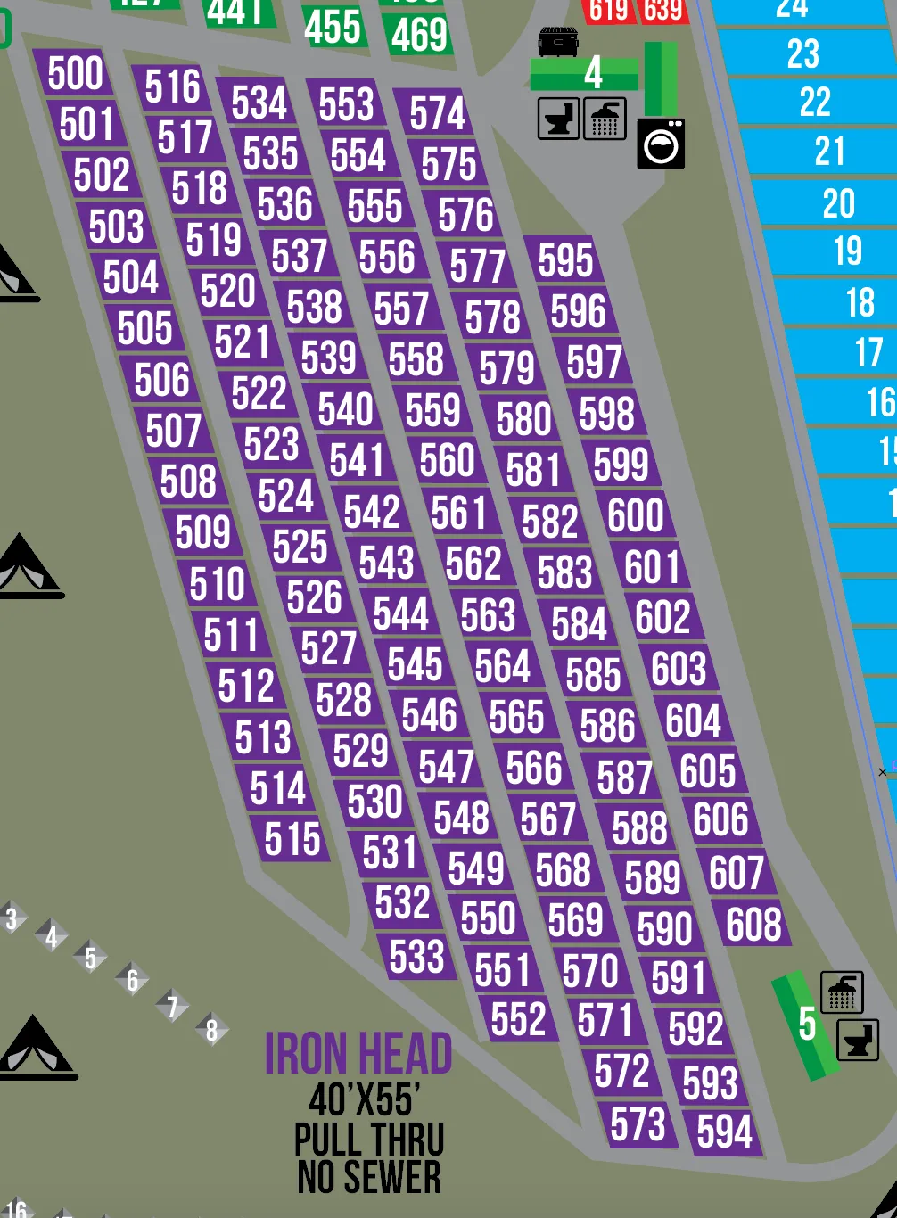 2025 Iron Head RV Park - (40' x 55') PULL THROUGH SITES (Sites 599 to 608)