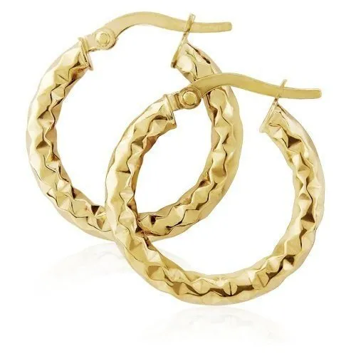 9ct Gold 15mm Hammered Finish Hoop Earrings