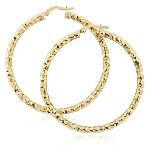 9ct Gold 40mm Hammered Finish Hoop Earrings