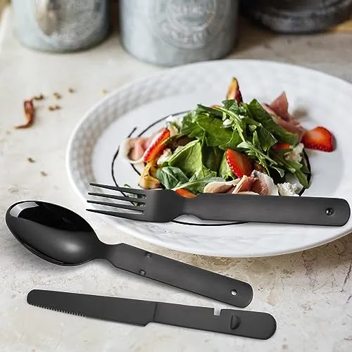 A · HOUSEWARE Portable Silverware Black Flatware Camping Cutlery Stainless Steel Spoon Fork Knife and Bottle Opener 4 Pieces Utensil Outdoor Travel Foldable Easy to Clean