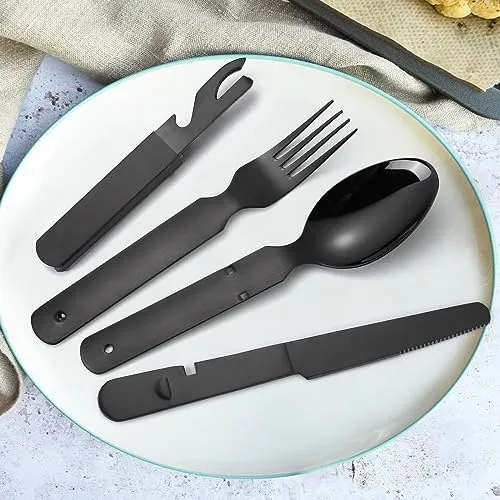 A · HOUSEWARE Portable Silverware Black Flatware Camping Cutlery Stainless Steel Spoon Fork Knife and Bottle Opener 4 Pieces Utensil Outdoor Travel Foldable Easy to Clean