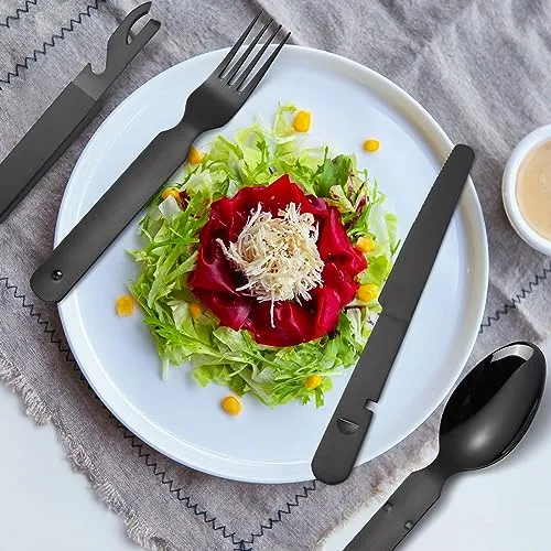 A · HOUSEWARE Portable Silverware Black Flatware Camping Cutlery Stainless Steel Spoon Fork Knife and Bottle Opener 4 Pieces Utensil Outdoor Travel Foldable Easy to Clean