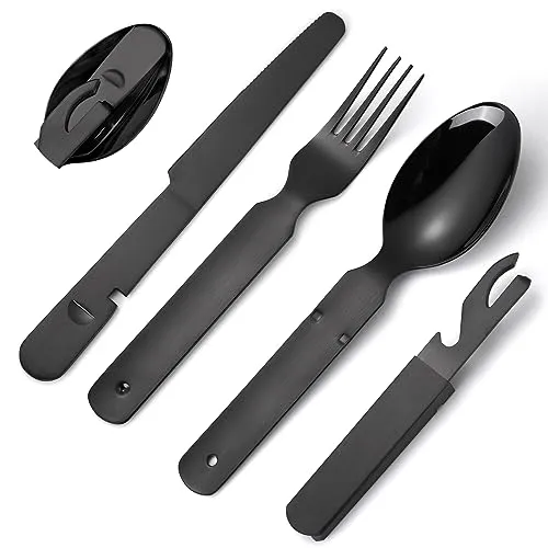 A · HOUSEWARE Portable Silverware Black Flatware Camping Cutlery Stainless Steel Spoon Fork Knife and Bottle Opener 4 Pieces Utensil Outdoor Travel Foldable Easy to Clean