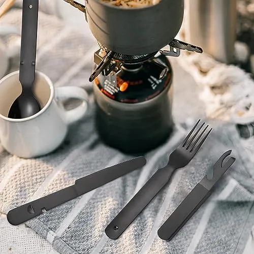 A · HOUSEWARE Portable Silverware Black Flatware Camping Cutlery Stainless Steel Spoon Fork Knife and Bottle Opener 4 Pieces Utensil Outdoor Travel Foldable Easy to Clean