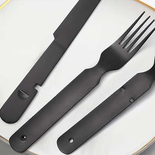 A · HOUSEWARE Portable Silverware Black Flatware Camping Cutlery Stainless Steel Spoon Fork Knife and Bottle Opener 4 Pieces Utensil Outdoor Travel Foldable Easy to Clean