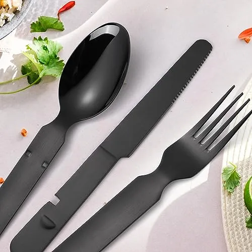 A · HOUSEWARE Portable Silverware Black Flatware Camping Cutlery Stainless Steel Spoon Fork Knife and Bottle Opener 4 Pieces Utensil Outdoor Travel Foldable Easy to Clean