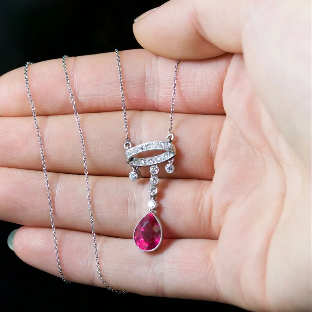 Antique Art Deco Pink Tourmaline Diamond Necklace Platinum Circa 1920