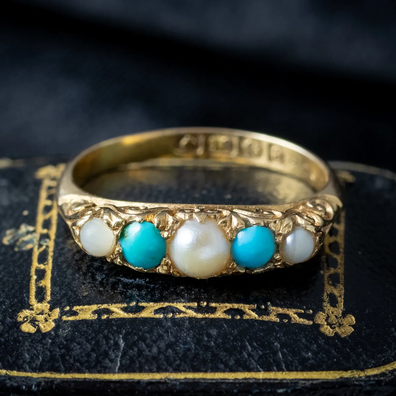 Antique Edwardian Turquoise Pearl Five Stone Ring Dated 1904