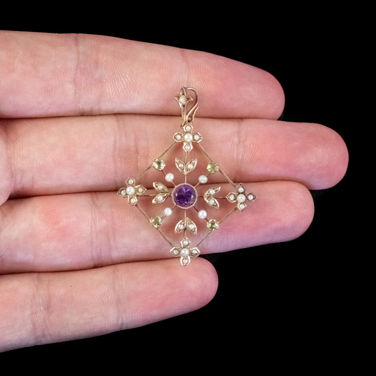 Antique Suffragette Pendant Amethyst Peridot Pearl 9Ct Gold Circa 1910