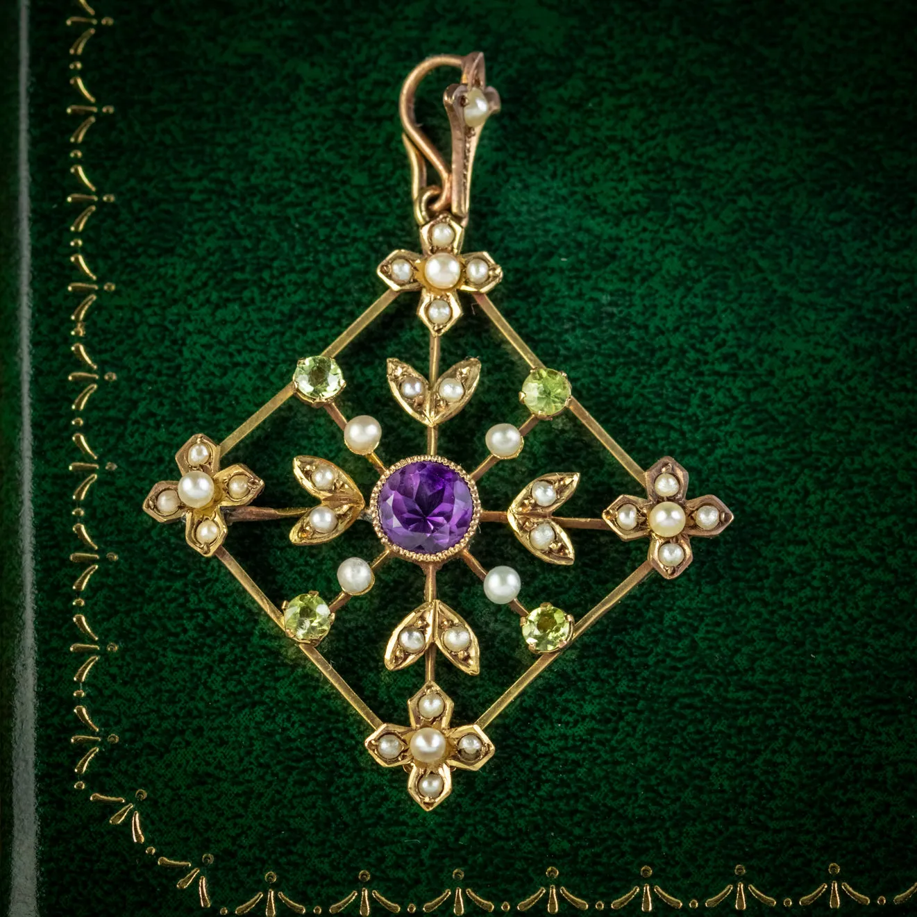 Antique Suffragette Pendant Amethyst Peridot Pearl 9Ct Gold Circa 1910