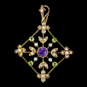 Antique Suffragette Pendant Amethyst Peridot Pearl 9Ct Gold Circa 1910