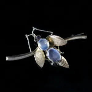 Antique Victorian Moonstone Silver Insect Brooch Circa 1900