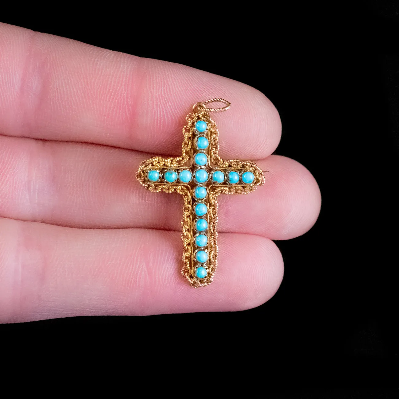 Antique Victorian Turquoise Cannetille Cross Pendant Brooch 18ct Gold Circa 1860