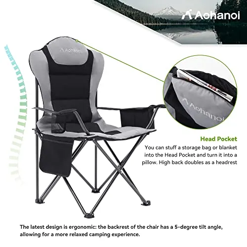 Aohanoi Camping Chairs for Heavy People, Folding Chairs for Outside Outdoor Folding Chairs with Cup Holder & Cooler Bag, Camp Chairs Supports up to 300lbs(1 PC, Black)