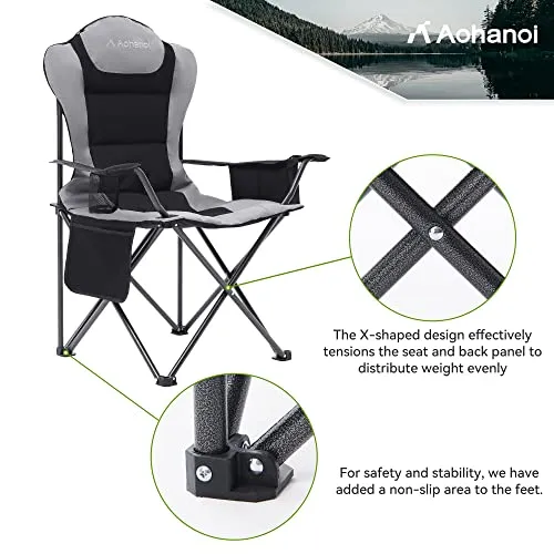 Aohanoi Camping Chairs for Heavy People, Folding Chairs for Outside Outdoor Folding Chairs with Cup Holder & Cooler Bag, Camp Chairs Supports up to 300lbs(1 PC, Black)