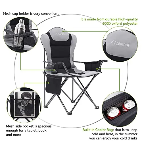 Aohanoi Camping Chairs for Heavy People, Folding Chairs for Outside Outdoor Folding Chairs with Cup Holder & Cooler Bag, Camp Chairs Supports up to 300lbs(1 PC, Black)