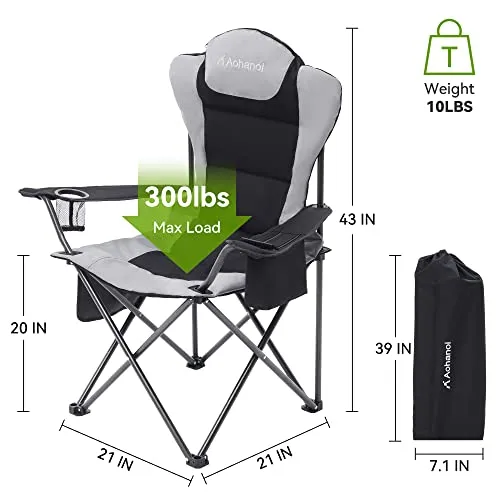 Aohanoi Camping Chairs for Heavy People, Folding Chairs for Outside Outdoor Folding Chairs with Cup Holder & Cooler Bag, Camp Chairs Supports up to 300lbs(1 PC, Black)