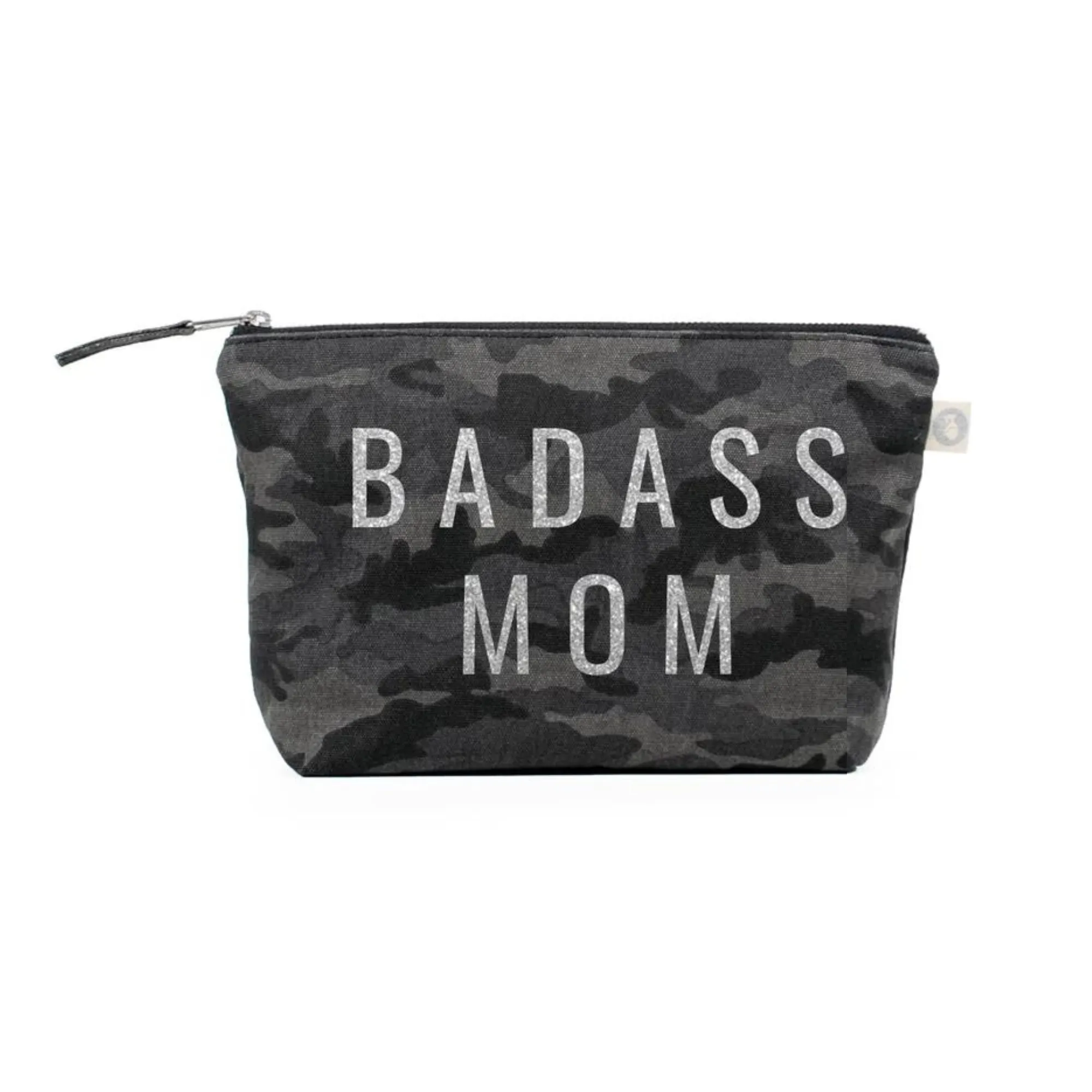 BADASS MOM Makeup Bag- Black Camo with Silver Glitter