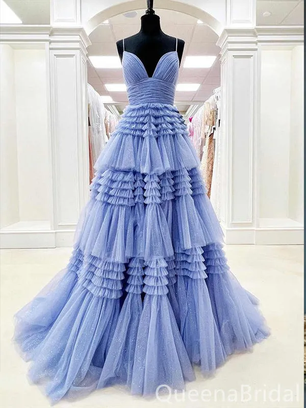 Blue A-line Plunging Layer Evening Ball Gown Maxi Long Evening Party Prom Dresses ,WGP1076