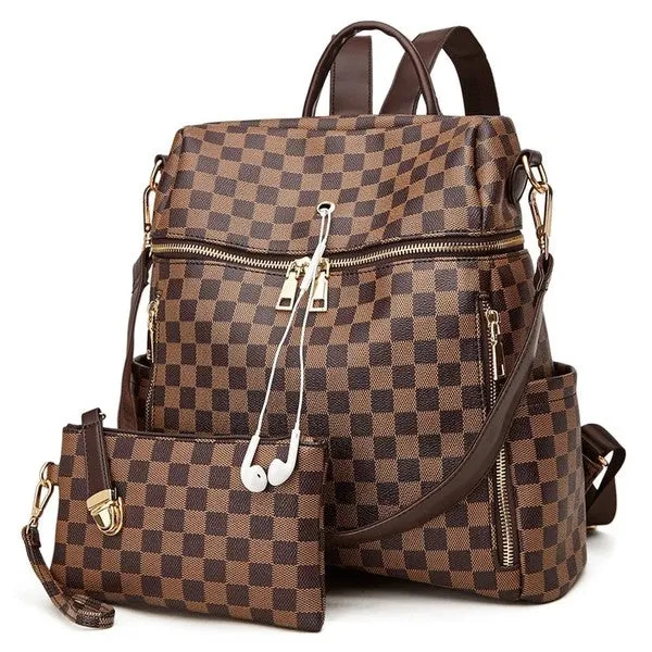 Brown Checkered Pattern Back Pack Set