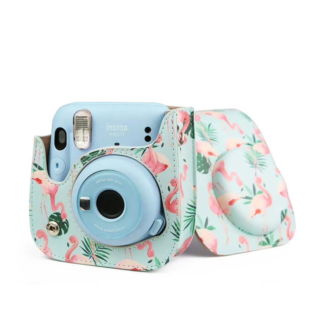 Case for Fujifilm Instax Mini 11 Case PU Leather Instant Camera Cover with Adjustable Strap Flamingo