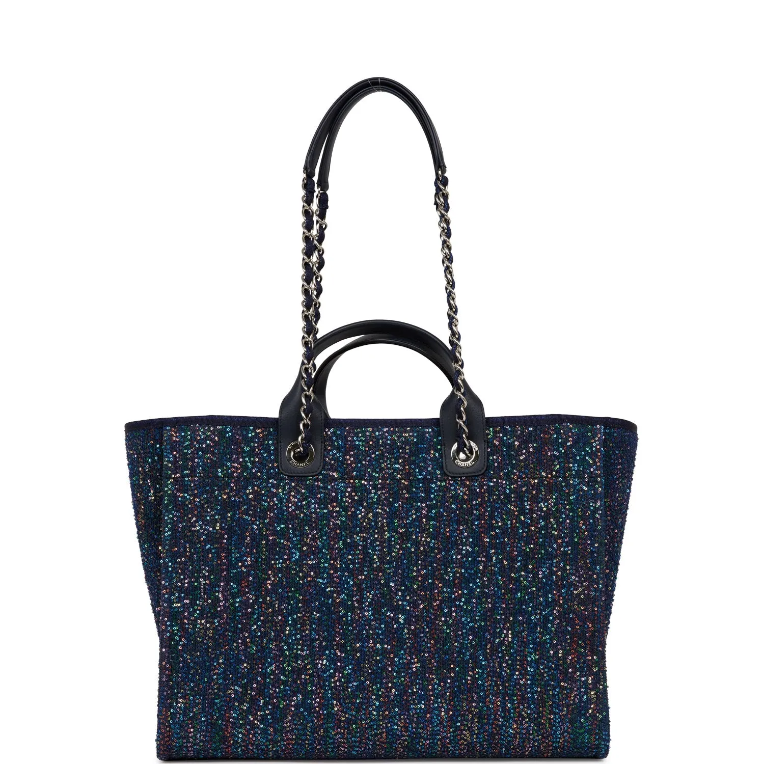 Chanel Large Deauville Shopping Tote Blue Sequin Boucle Silver Hardware