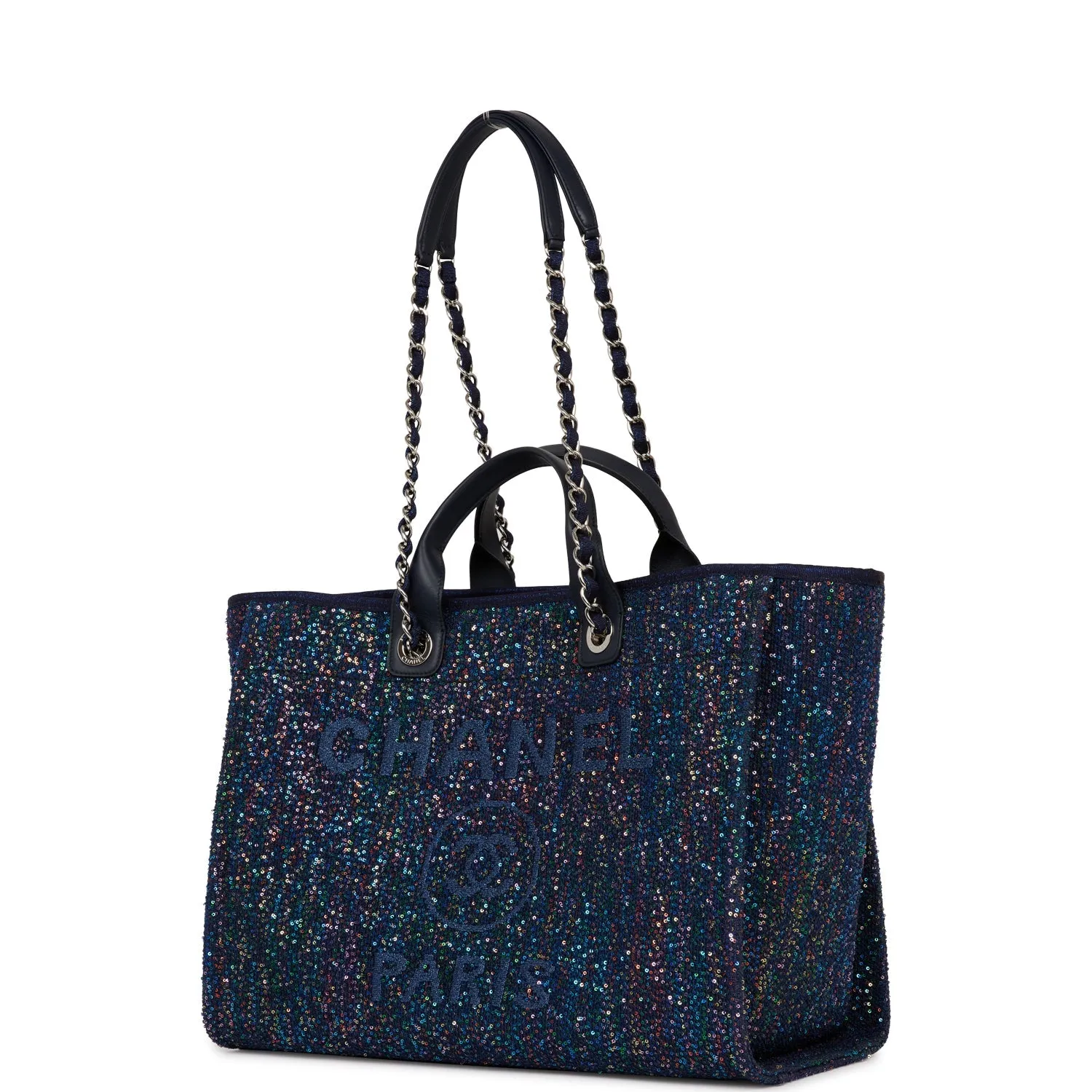 Chanel Large Deauville Shopping Tote Blue Sequin Boucle Silver Hardware