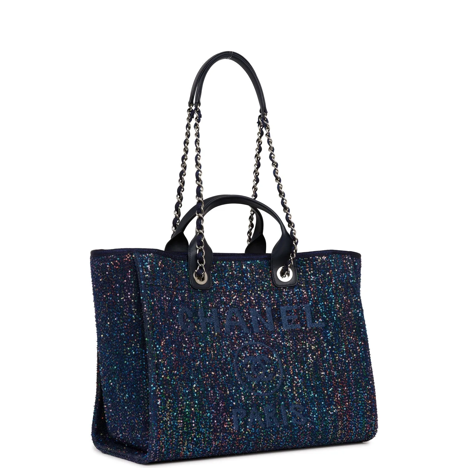 Chanel Large Deauville Shopping Tote Blue Sequin Boucle Silver Hardware