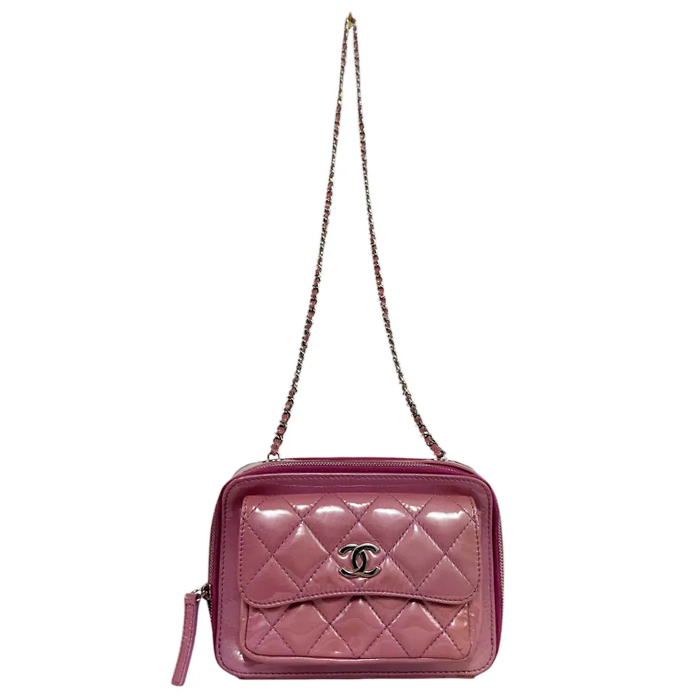 CHANEL Pocket Box Camera Patent Leather Pink Shoulder Bag LHQ481