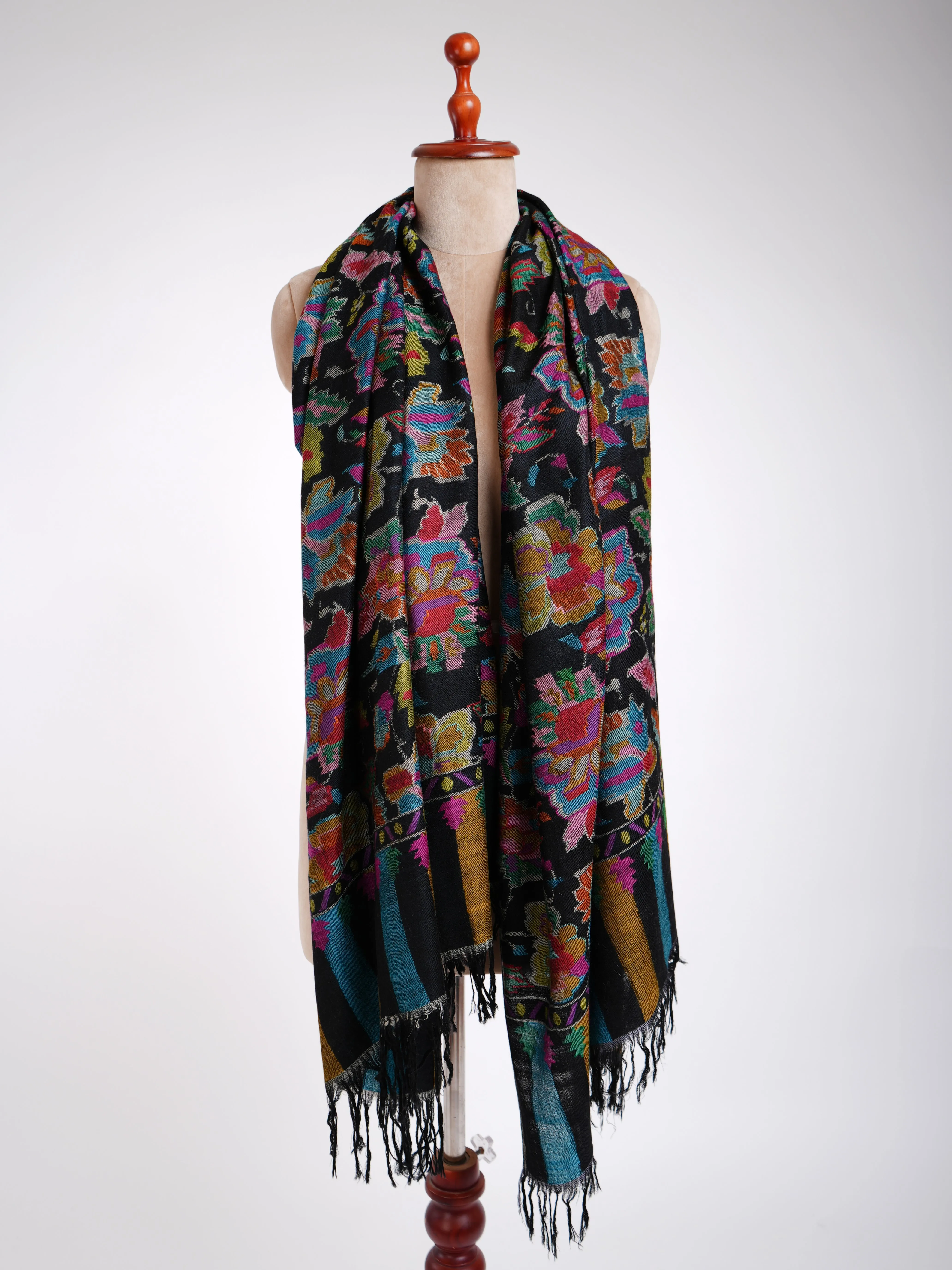 Charming Black Kani Weave Cashmere Shawl