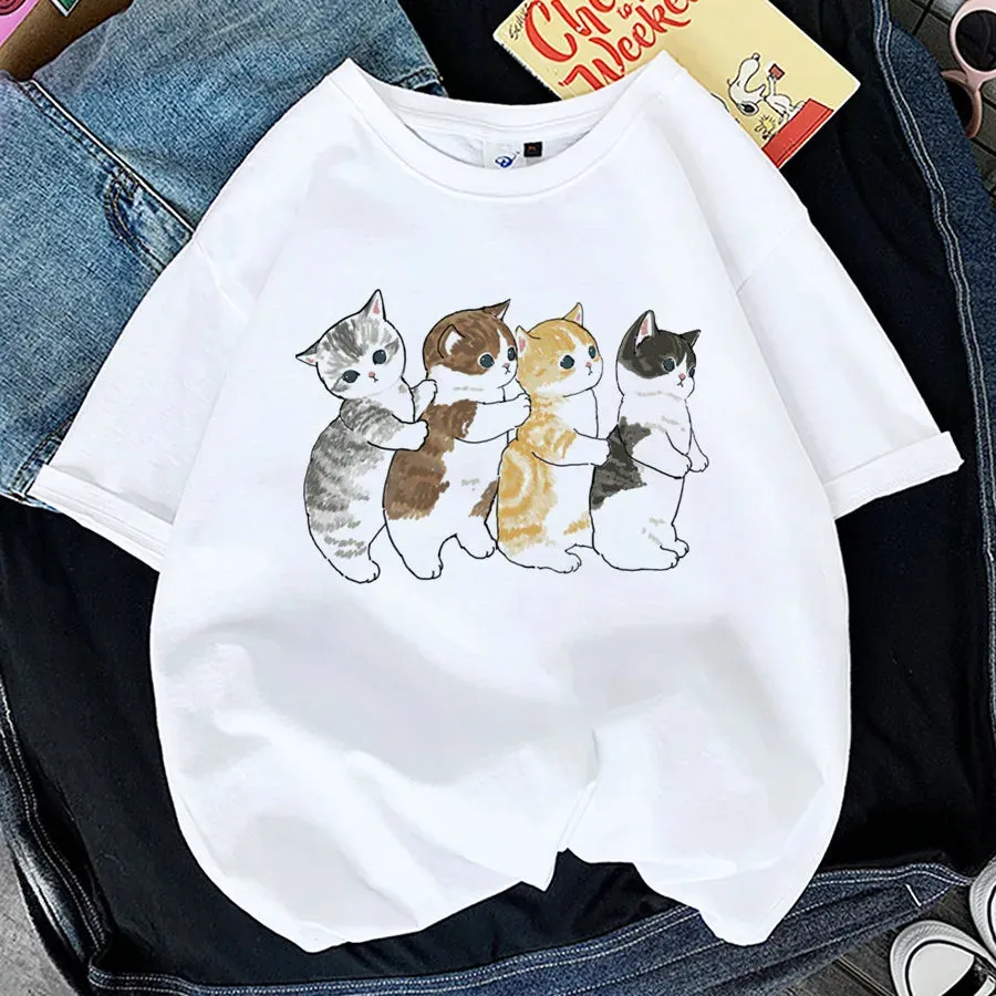 Charming Cat Print T-Shirts