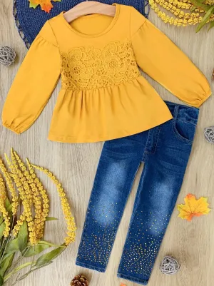 Charming Lace Sparkly Jeans Set