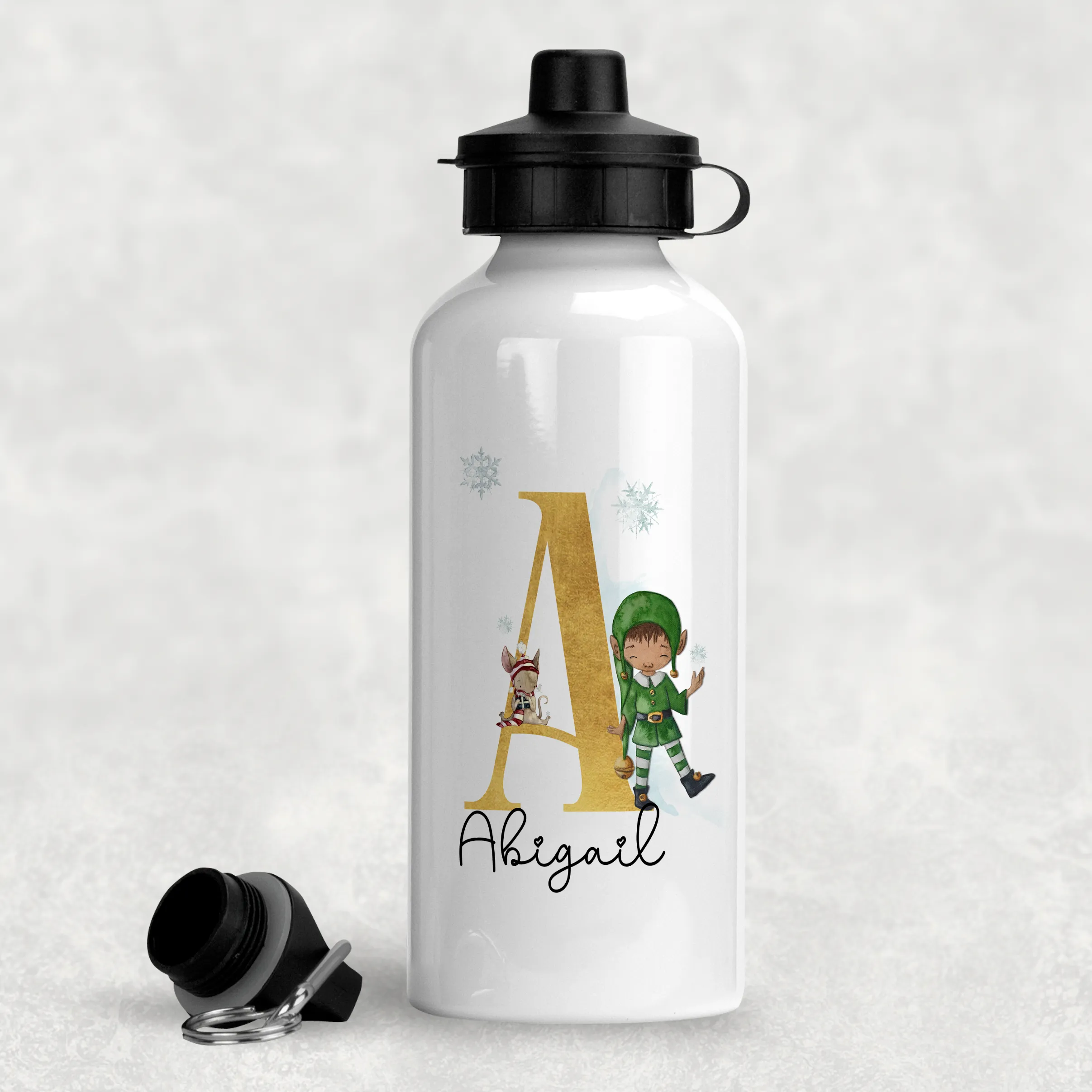 Christmas Elf Alphabet Personalised Aluminium Water Bottle 400/600ml