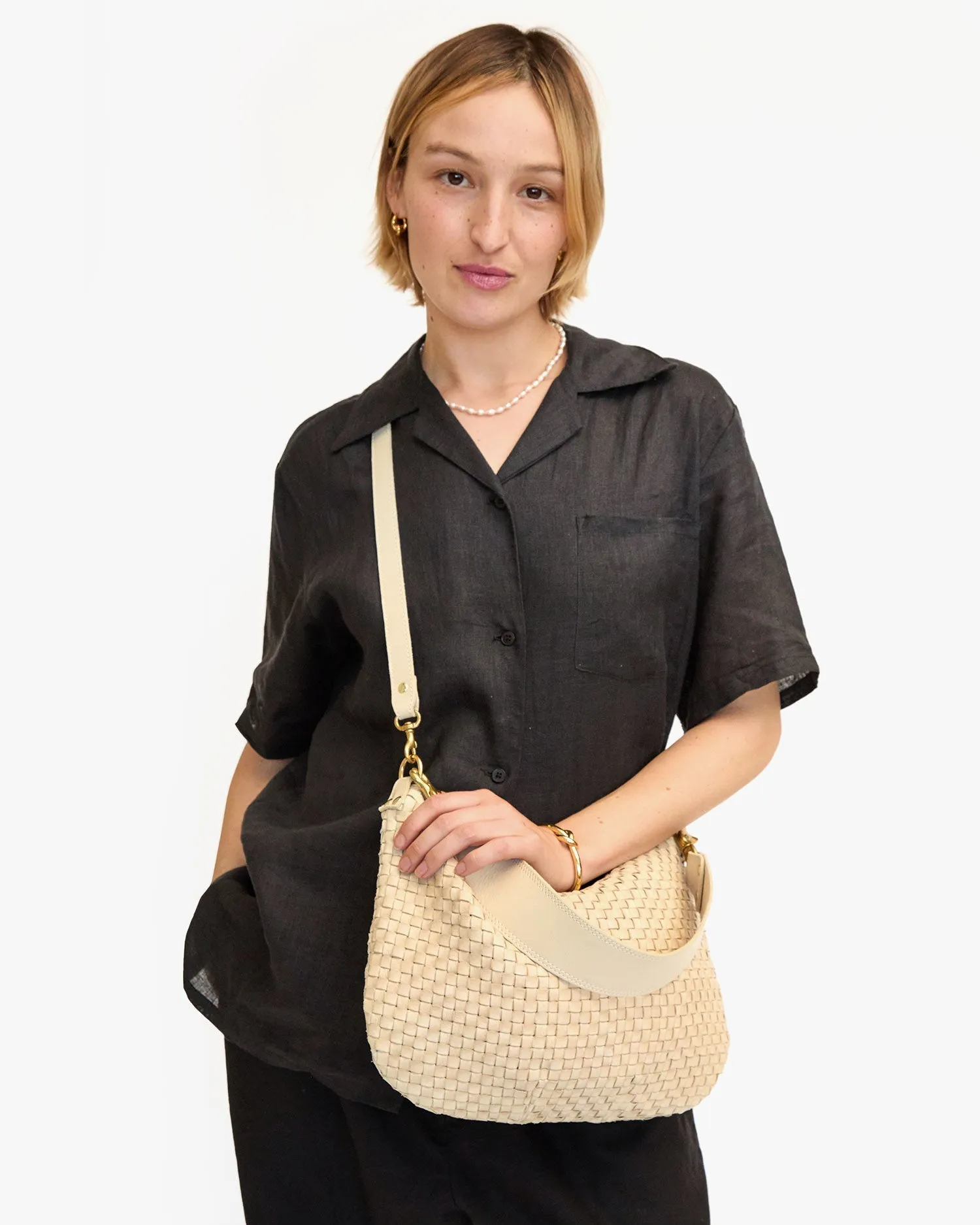 Clare V Moyen Messenger in Cream Woven Checker