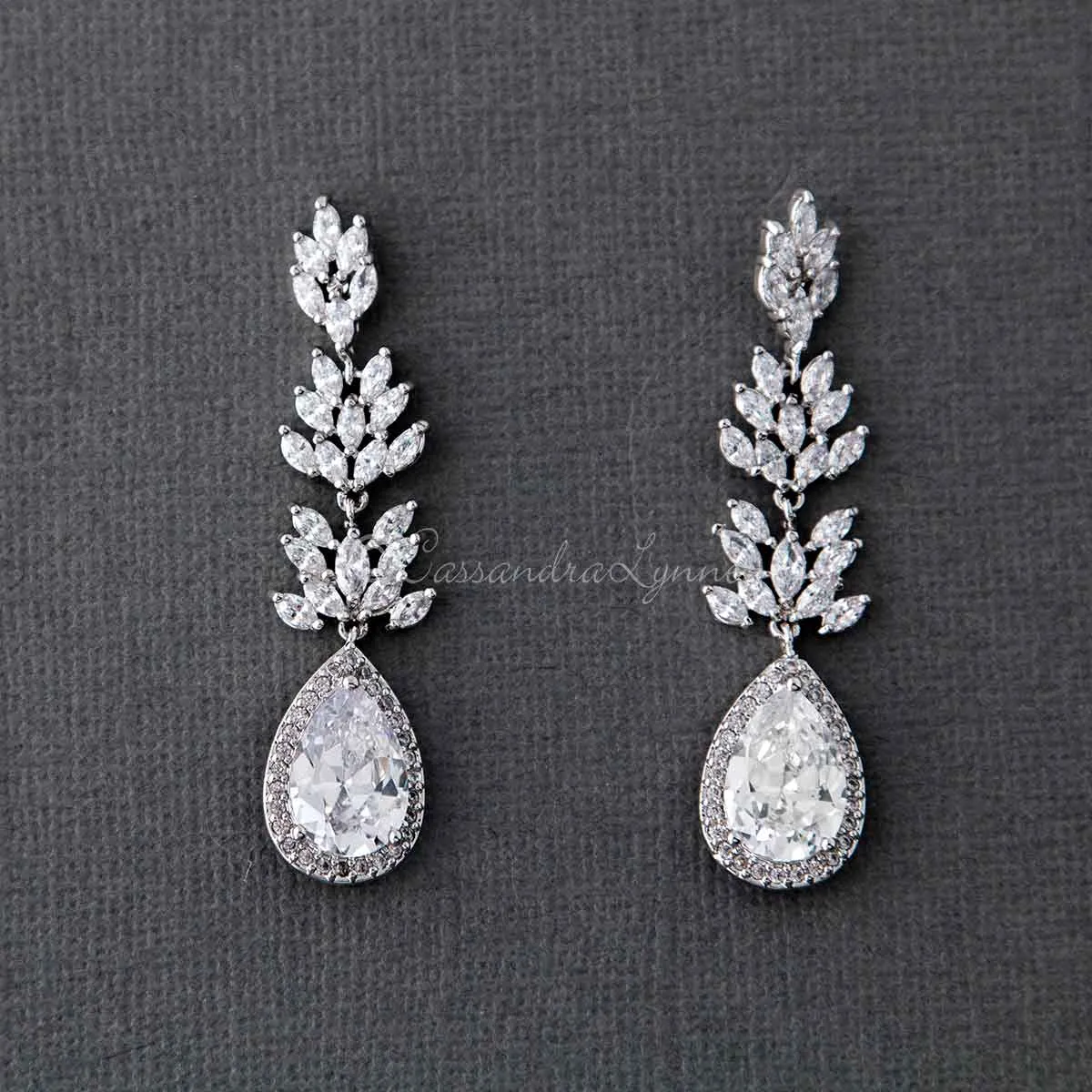 Clip-On CZ Vine Pear Drop Wedding Earrings