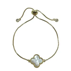 Clover Charm on Plated Gold Pull Chain Bracelet: Mother of Pearl (PBT4CLVMOP)