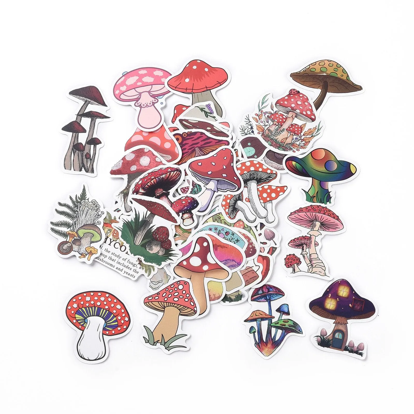 Craspire 50Pcs Cartoon Mushroom Paper Sticker Label Set, Adhesive Label Stickers, for Suitcase & Skateboard & Refigerator Decor, Pink, 56~74x29~62x0.3mm