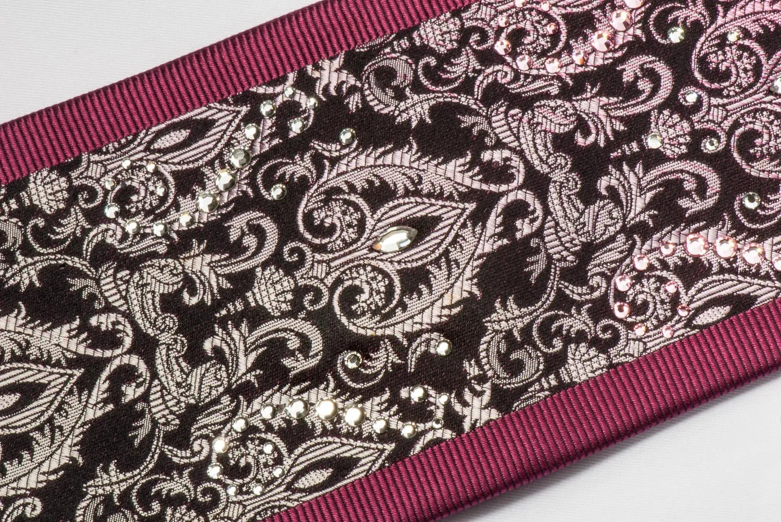 Daniel Hechter Rhinestone Silk Neck Tie Silver Damask On Black With White & Pink Crystal Rhinestones