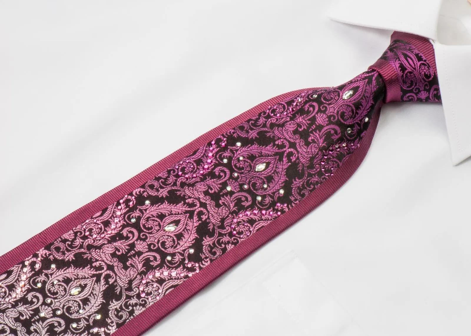 Daniel Hechter Rhinestone Silk Neck Tie Silver Damask On Black With White & Pink Crystal Rhinestones