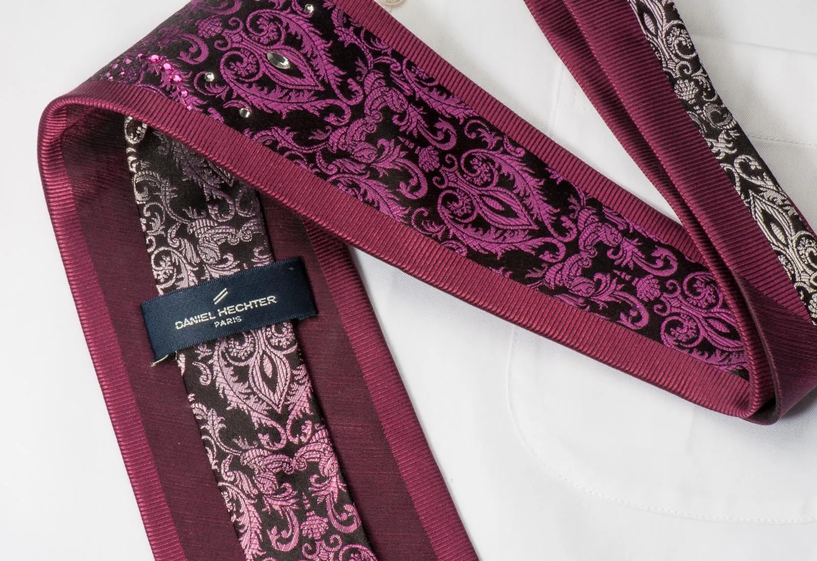 Daniel Hechter Rhinestone Silk Neck Tie Silver Damask On Black With White & Pink Crystal Rhinestones