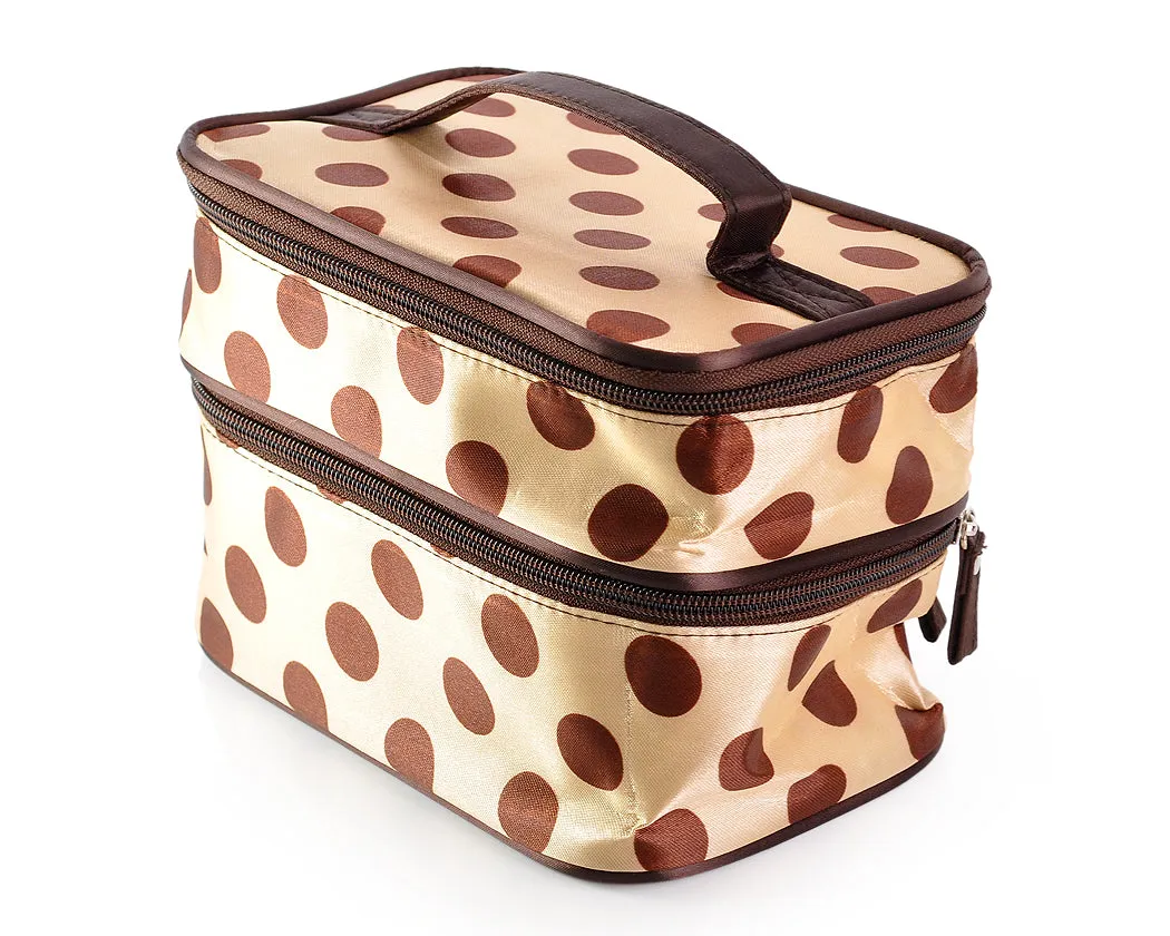 Double Layer Dots Pattern Makeup Bag with Mirror - Beige