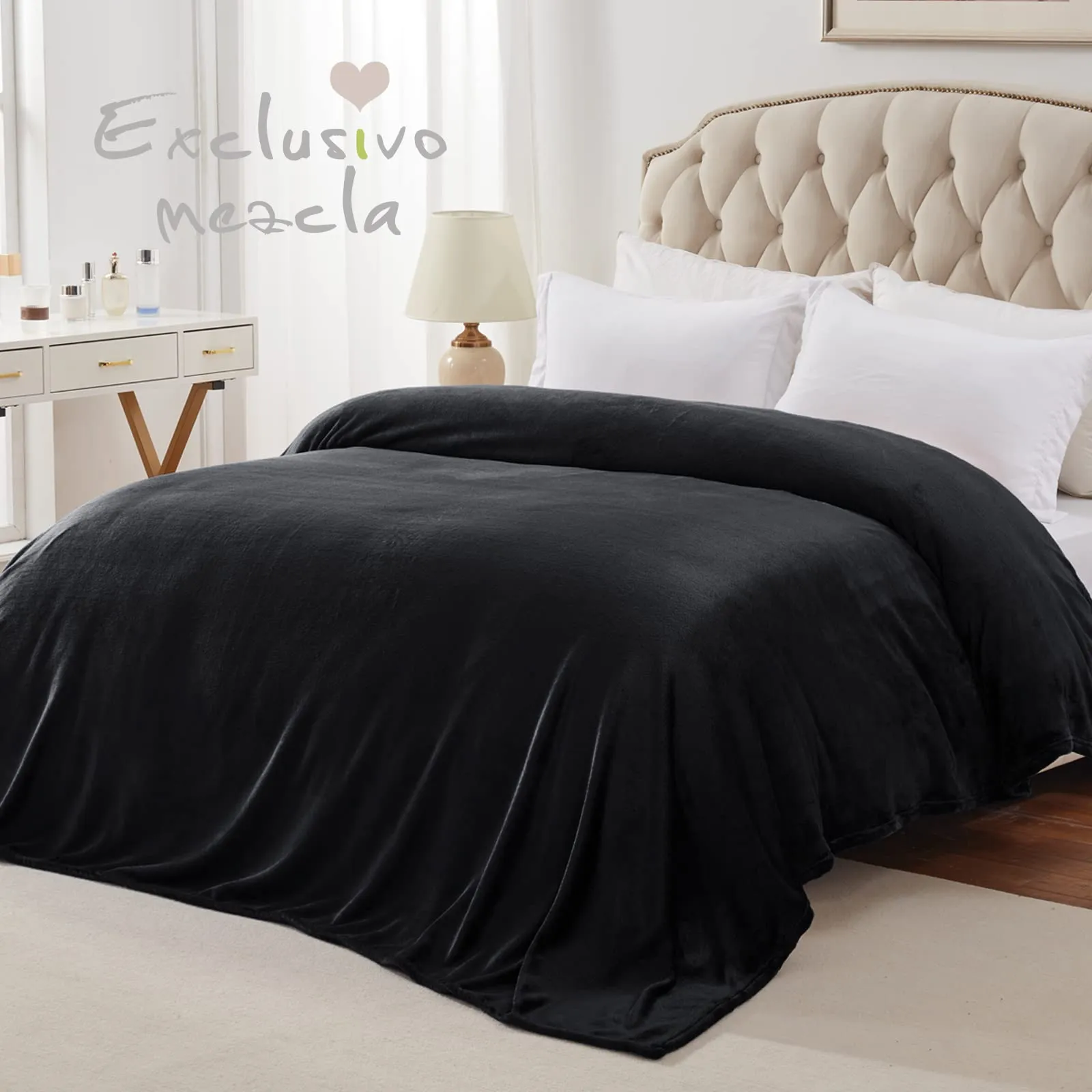 Exclusivo Mezcla Velvet Flannel Fleece Plush King Size Bed Blanket as Bedspread/Coverlet/Bed Cover (90" x 104", Black) - Soft, Lightweight, Warm and Cozy