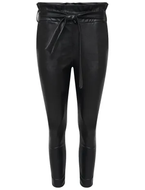 FAUX LEATHER PAPER BAG RELAXED FIT CROPPED TROUSER - BLACK