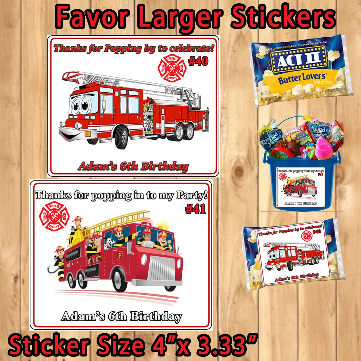 Firefighter Fire Truck Fireman Birthday Favor Stickers Printed 1 Sheet Address Water Bottle Popcorn Labels Personalized