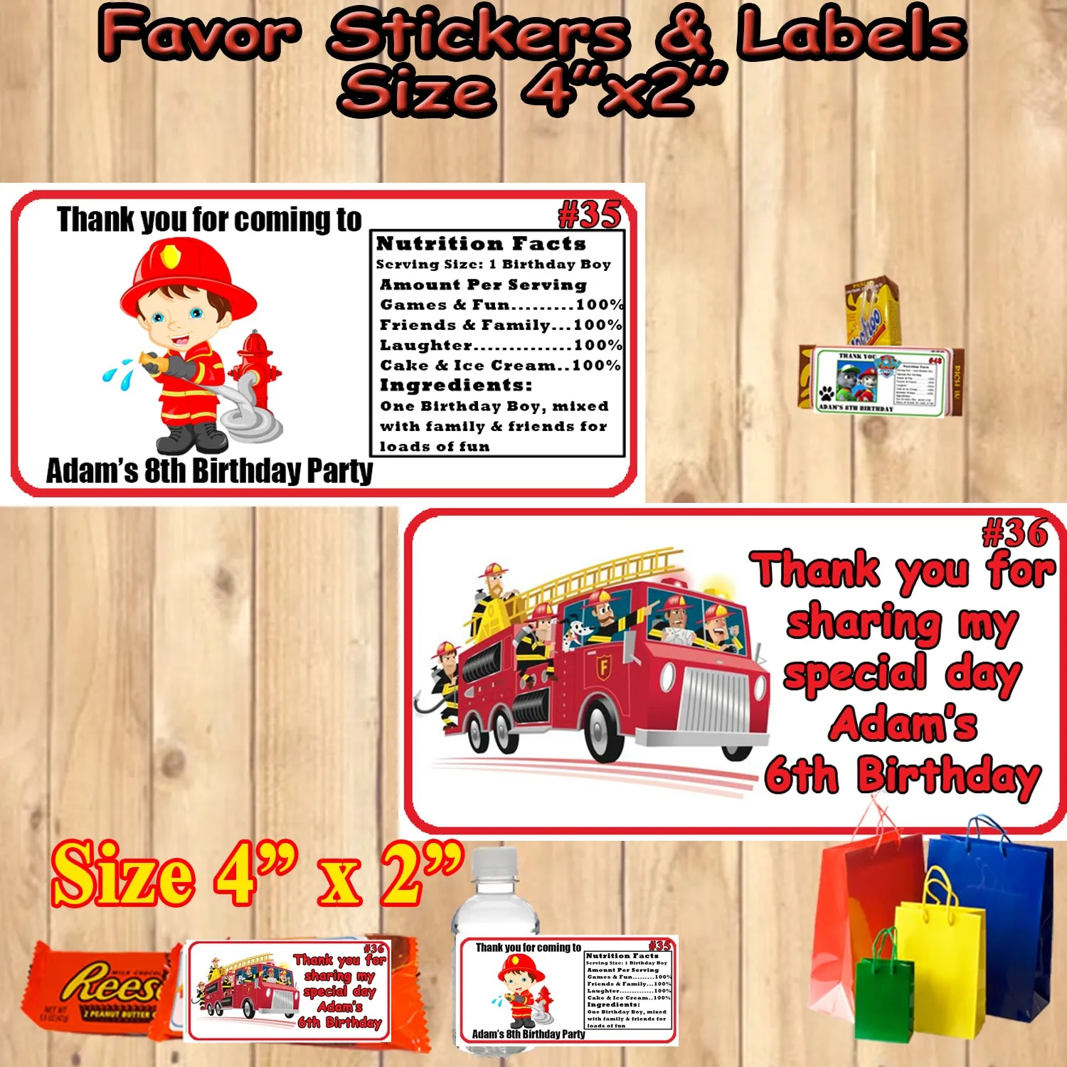 Firefighter Fire Truck Fireman Birthday Favor Stickers Printed 1 Sheet Address Water Bottle Popcorn Labels Personalized