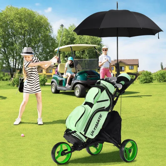 Folding 3 Wheels Golf Push Cart with Bag Scoreboard Adjustable Handle-Green